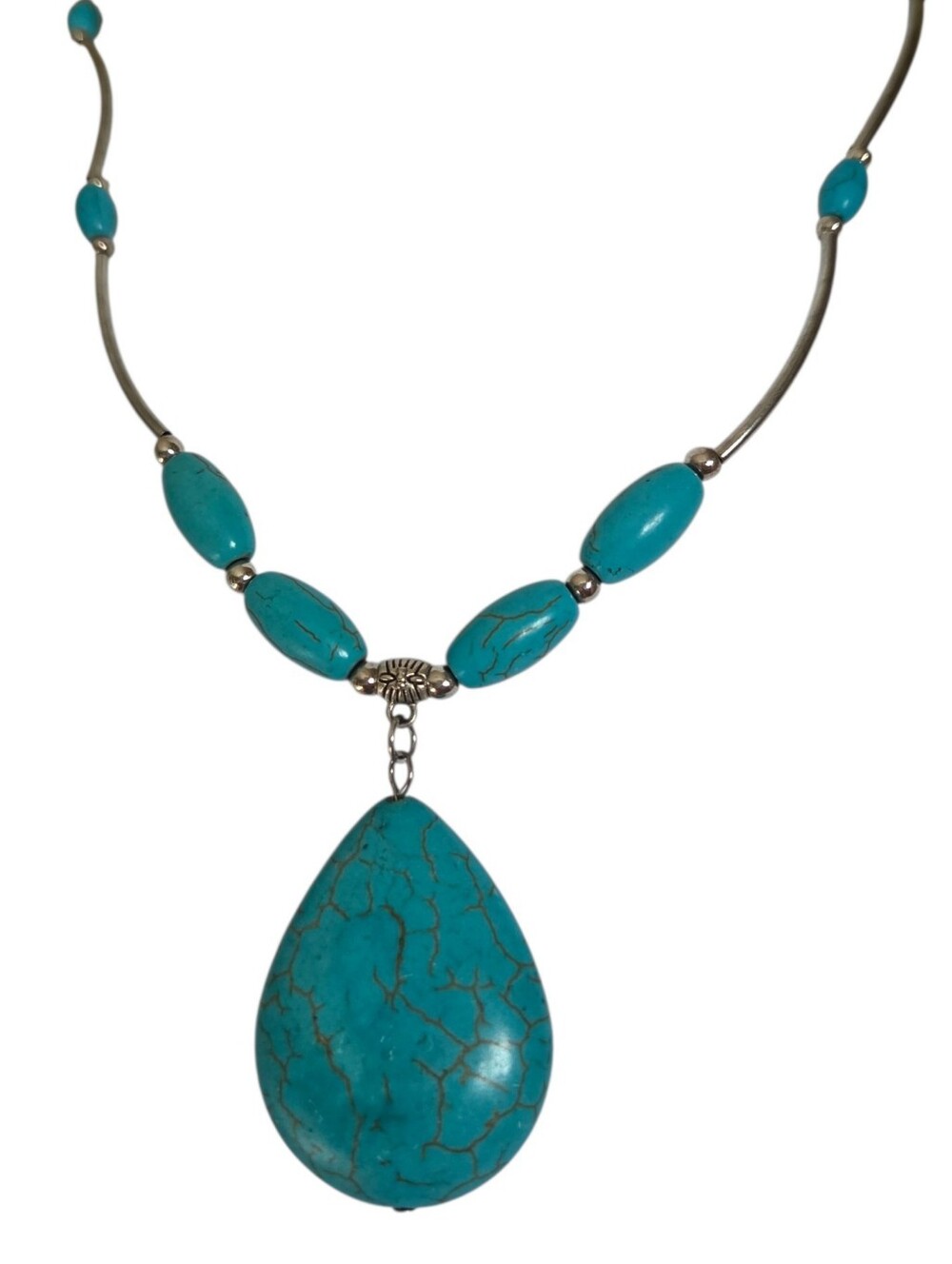 vintage faux turquoise teardrop pendant necklace liquid silver tube beads boho